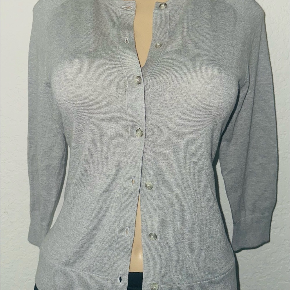 Ann Taylor Gray Cardigan with V-neck and Long Sleeves